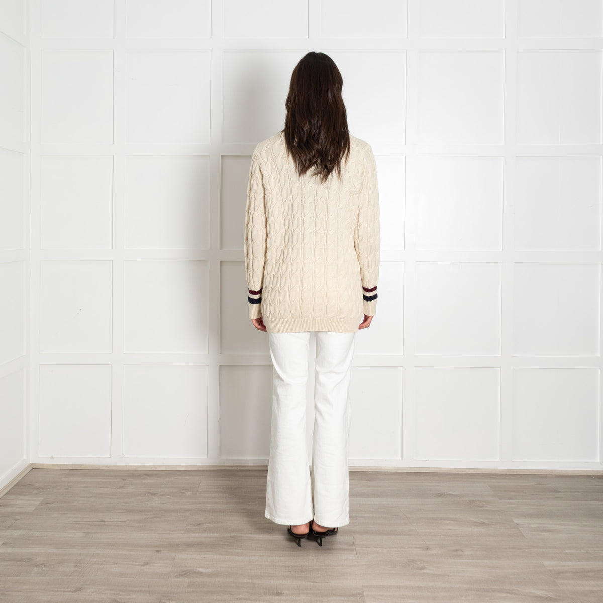 Celine Cream Wool Cable Knit Cardigan With Stripe Details