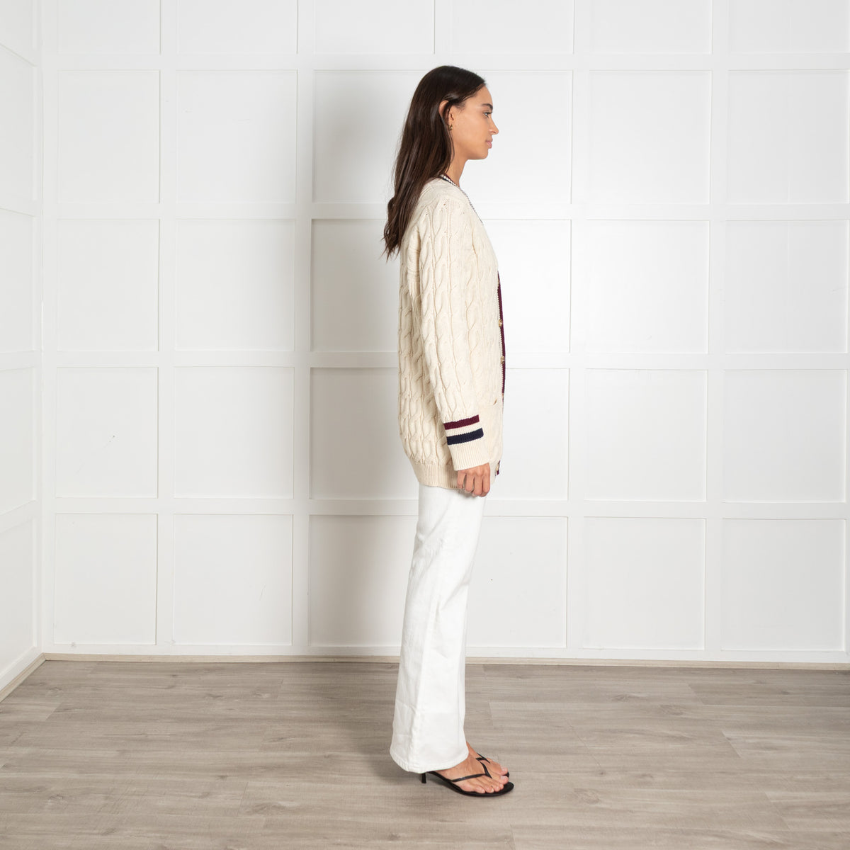 Celine Cream Wool Cable Knit Cardigan With Stripe Details