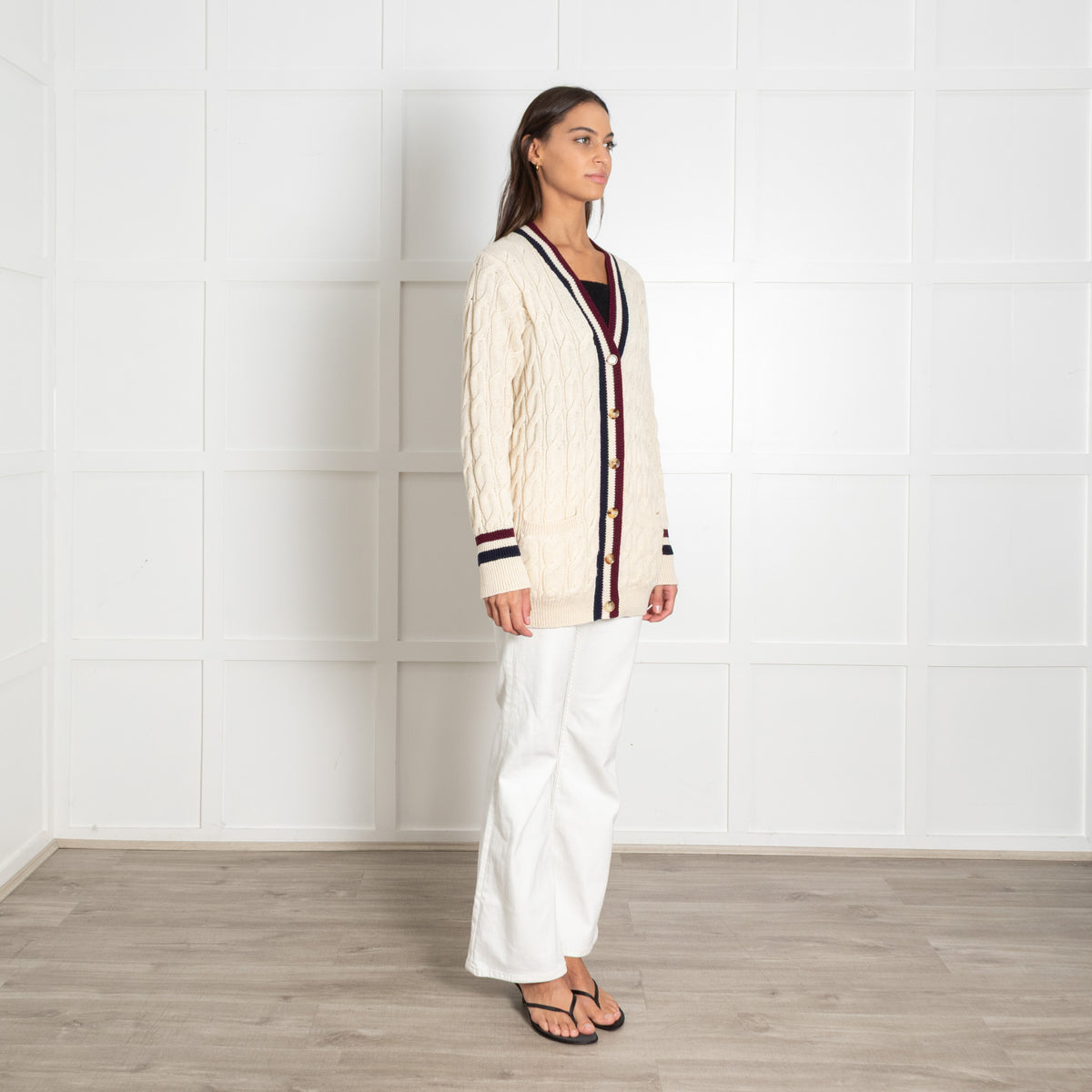 Celine Cream Wool Cable Knit Cardigan With Stripe Details