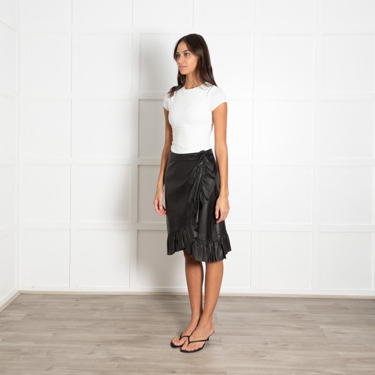 Prada Black Leather Frill Trim Wrap Skirt