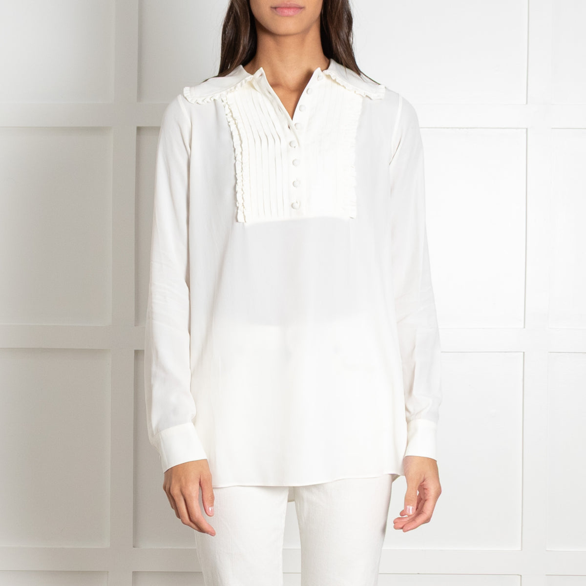 No 21 Cream Pleats And Frill Detail Blouse