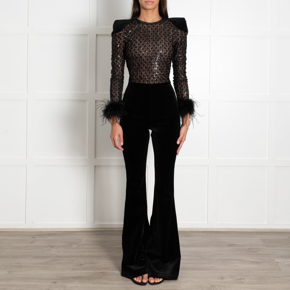 Nadine Merabi Black Monique Velvet Jumpsuit With Feather Sleeves
