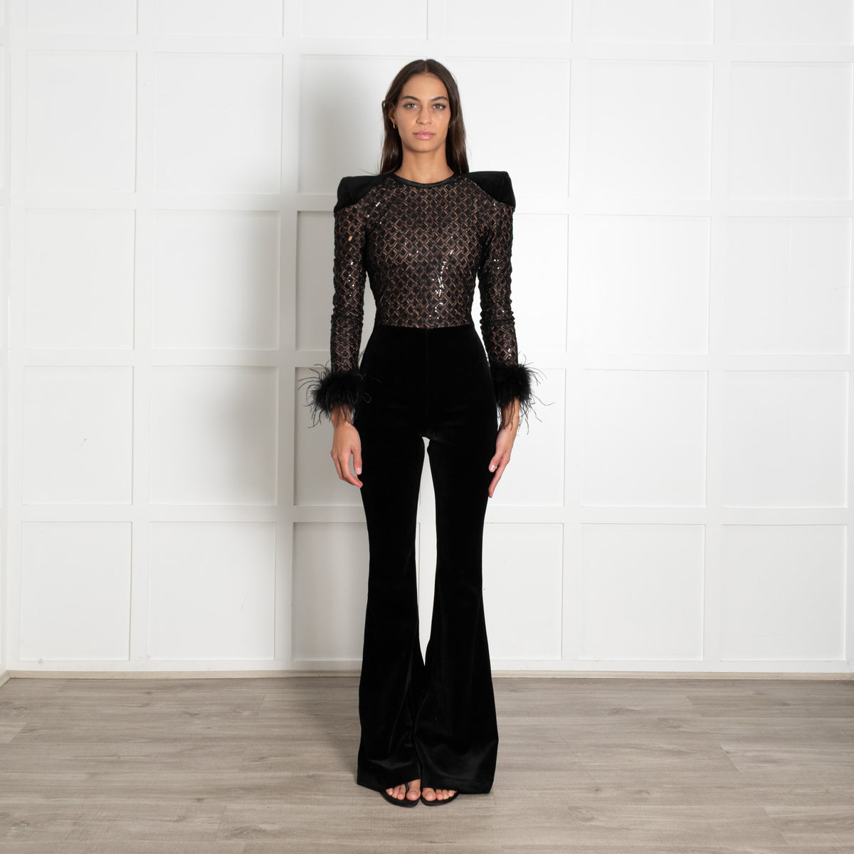 Nadine Merabi Black Monique Velvet Jumpsuit With Feather Sleeves