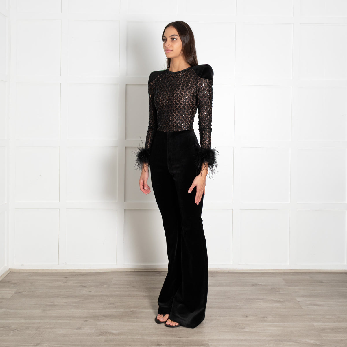 Nadine Merabi Black Monique Velvet Jumpsuit With Feather Sleeves
