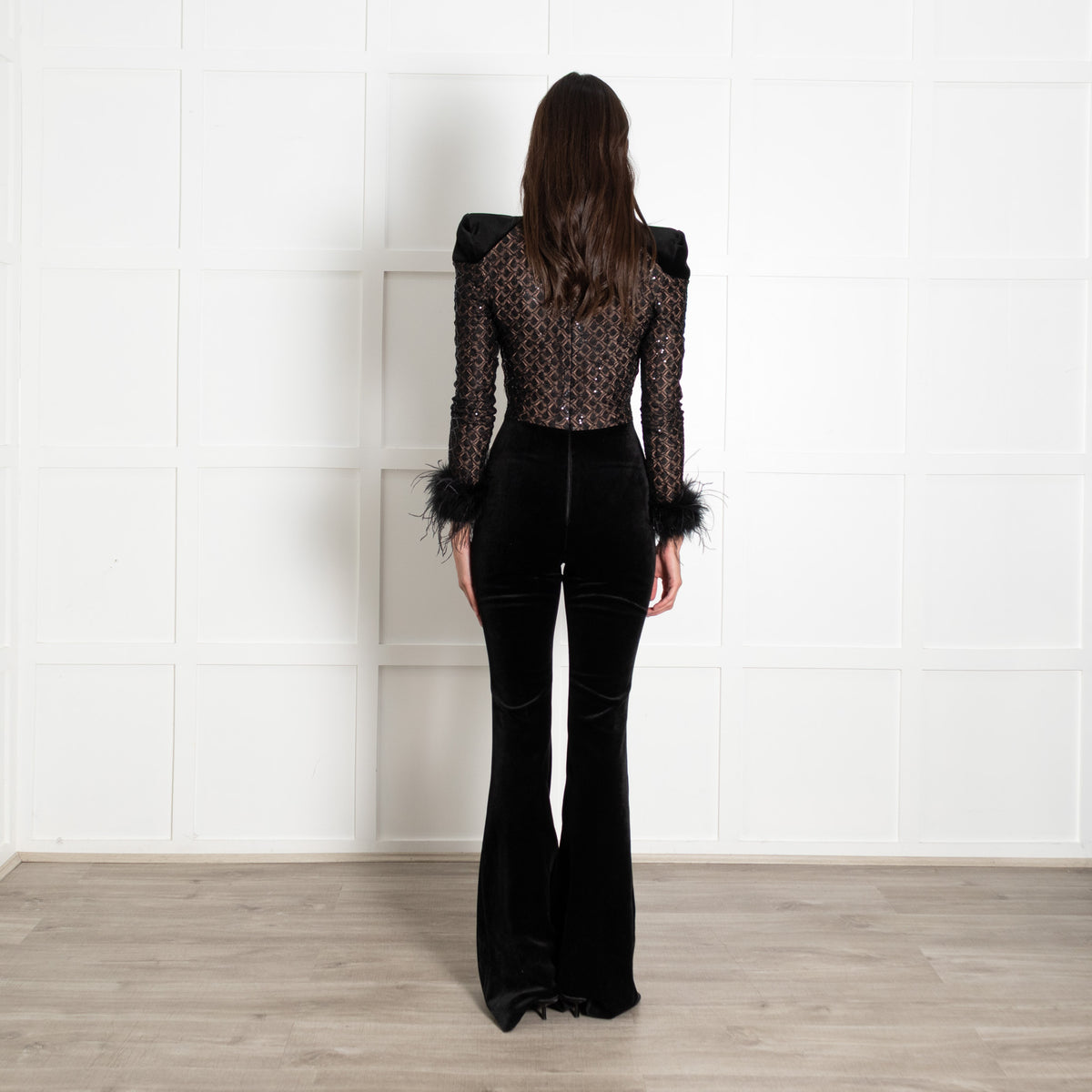 Nadine Merabi Black Monique Velvet Jumpsuit With Feather Sleeves