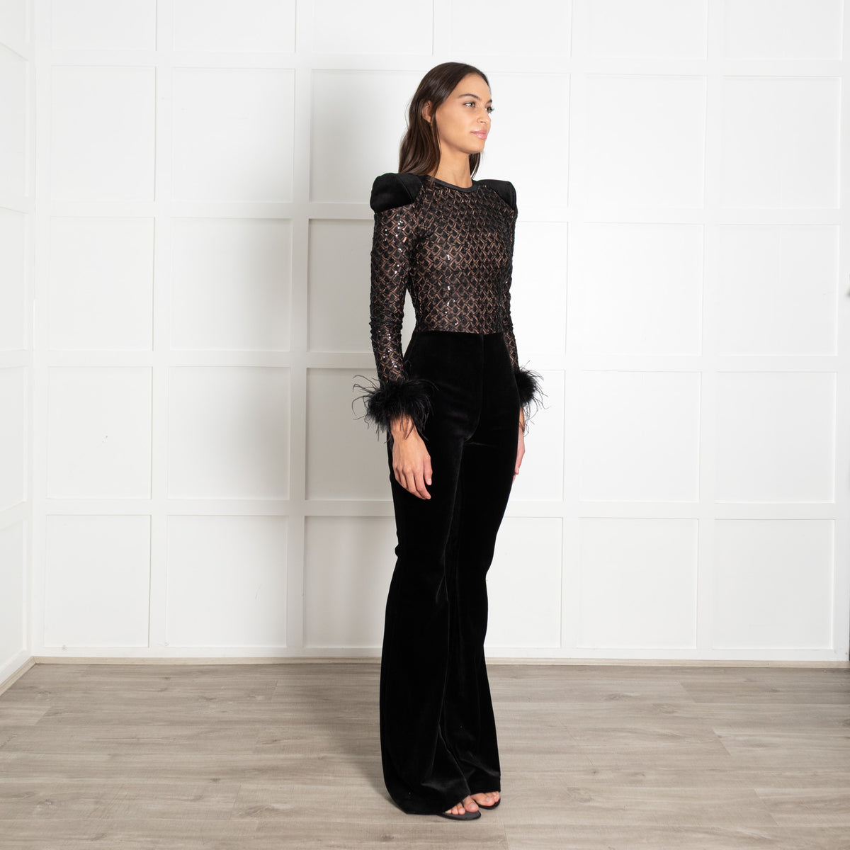 Nadine Merabi Black Monique Velvet Jumpsuit With Feather Sleeves