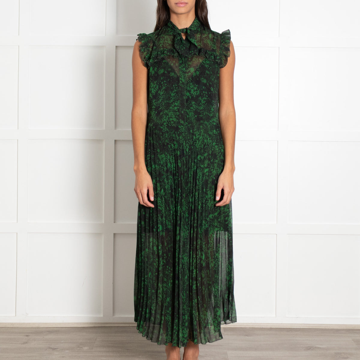 Academia Green Black Print Pleated Mesh Maxi Dress