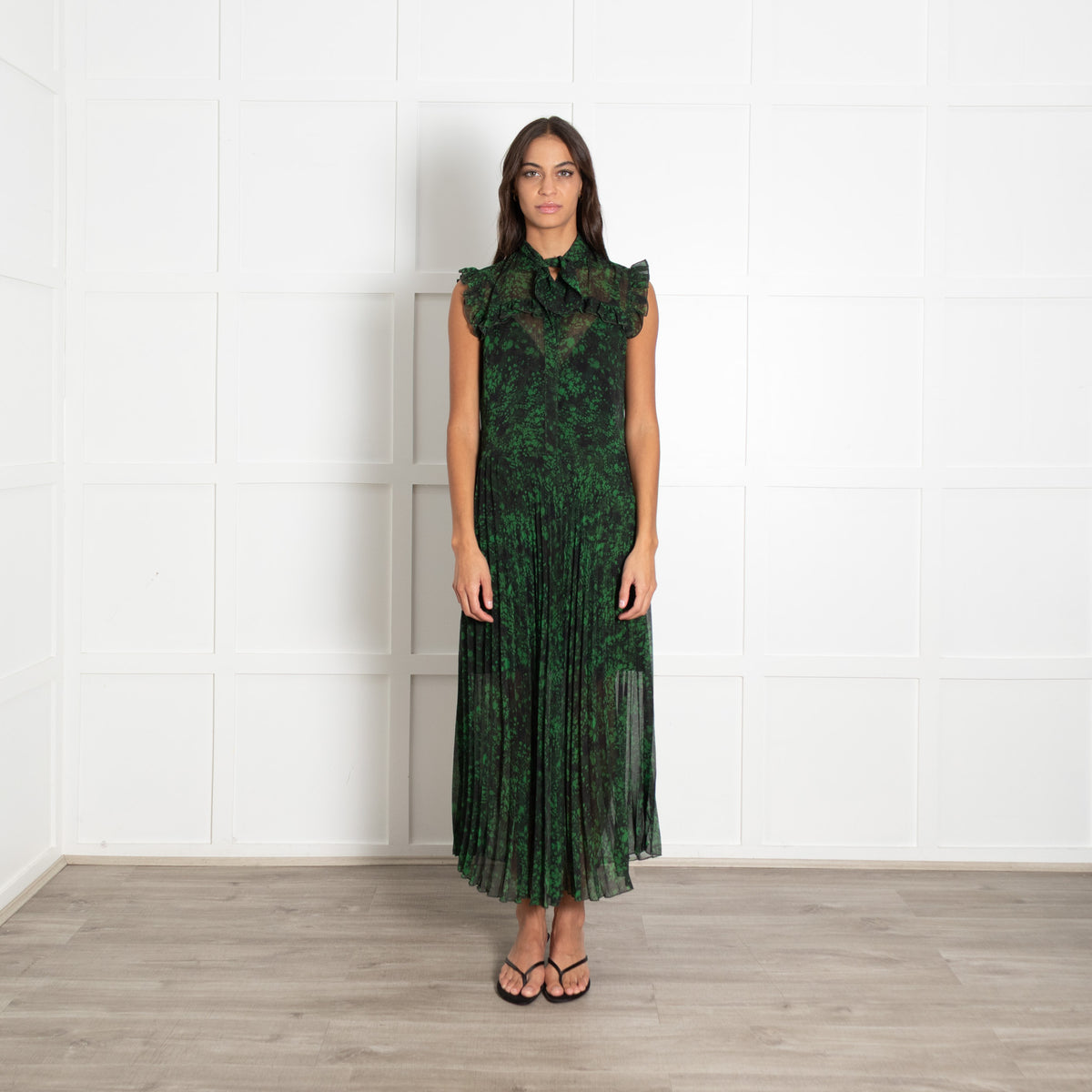 Academia Green Black Print Pleated Mesh Maxi Dress