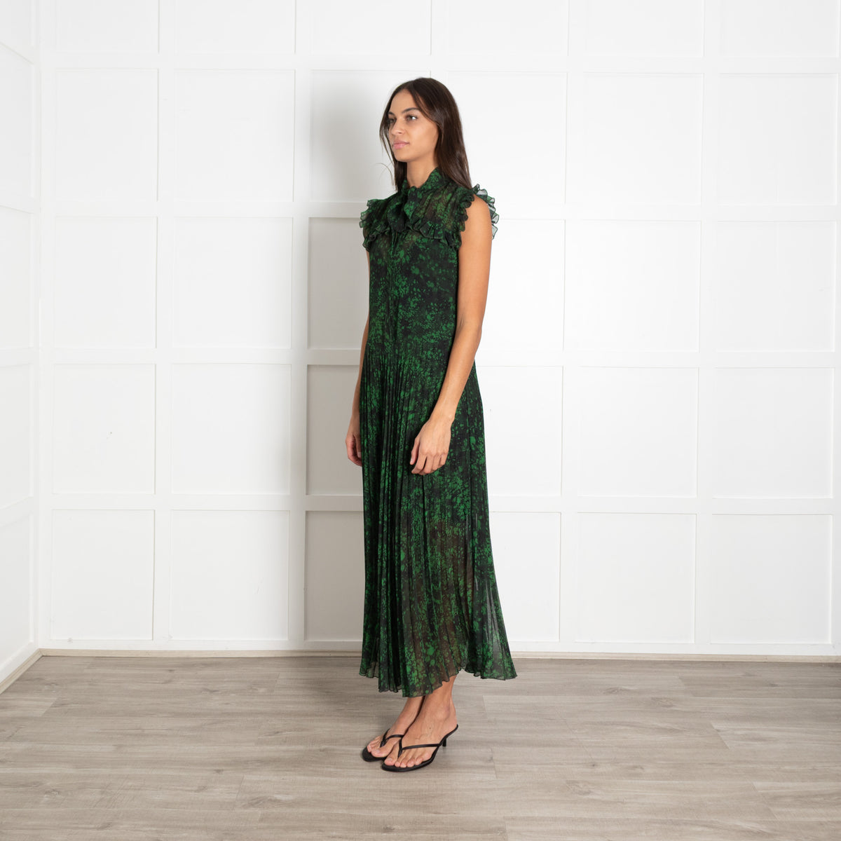 Academia Green Black Print Pleated Mesh Maxi Dress