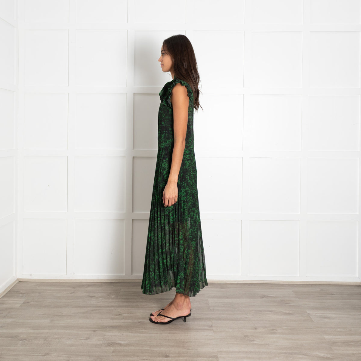 Academia Green Black Print Pleated Mesh Maxi Dress