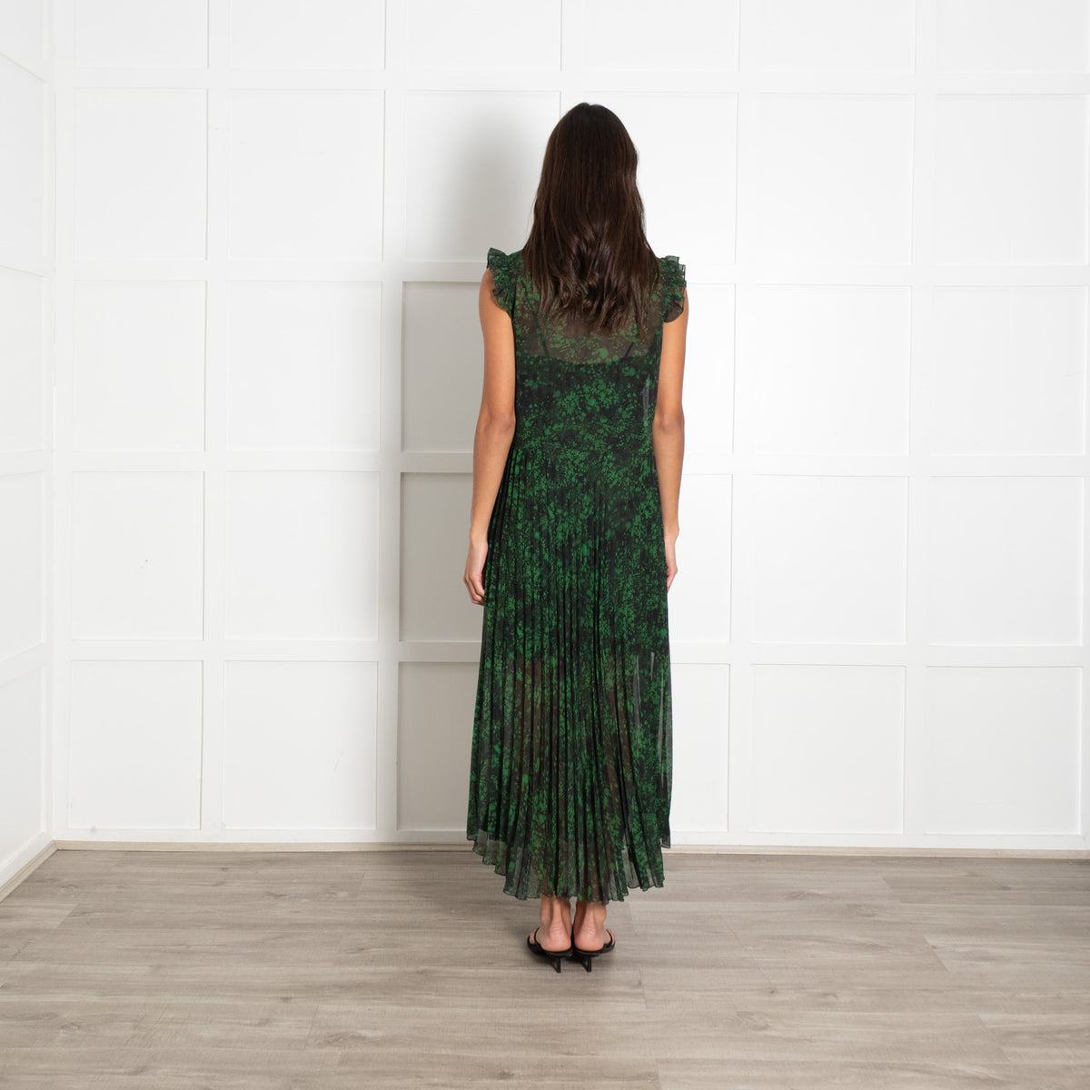 Academia Green Black Print Pleated Mesh Maxi Dress