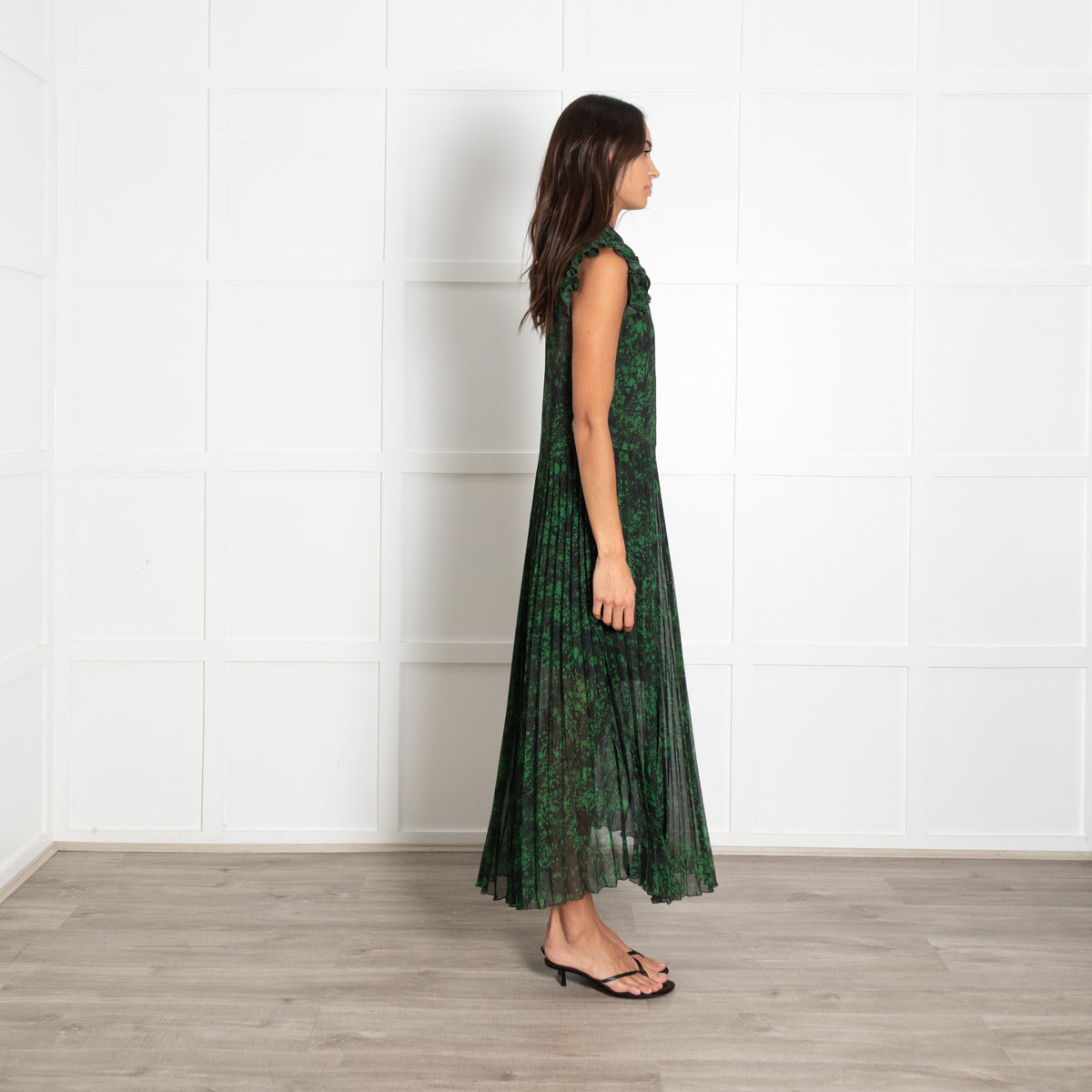 Academia Green Black Print Pleated Mesh Maxi Dress