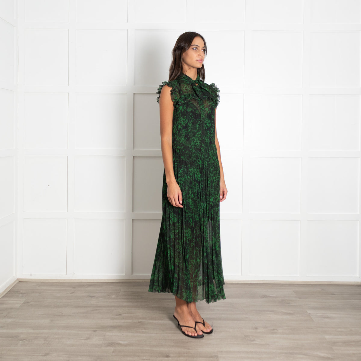 Academia Green Black Print Pleated Mesh Maxi Dress