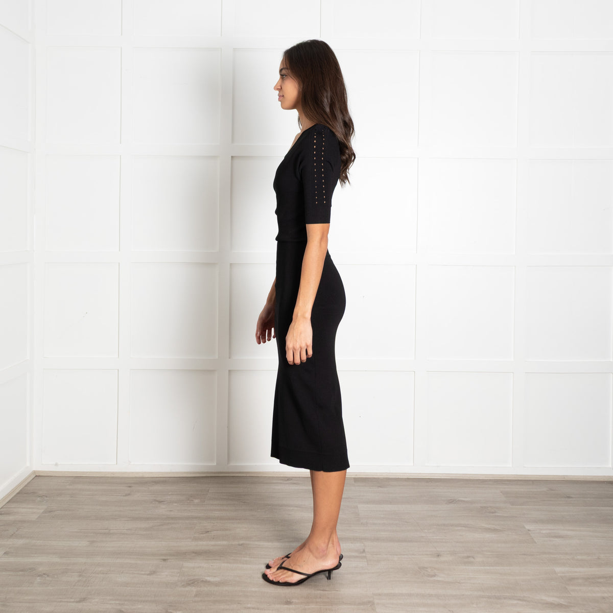 Academia Black Knit Midi Dress With Back Cutout