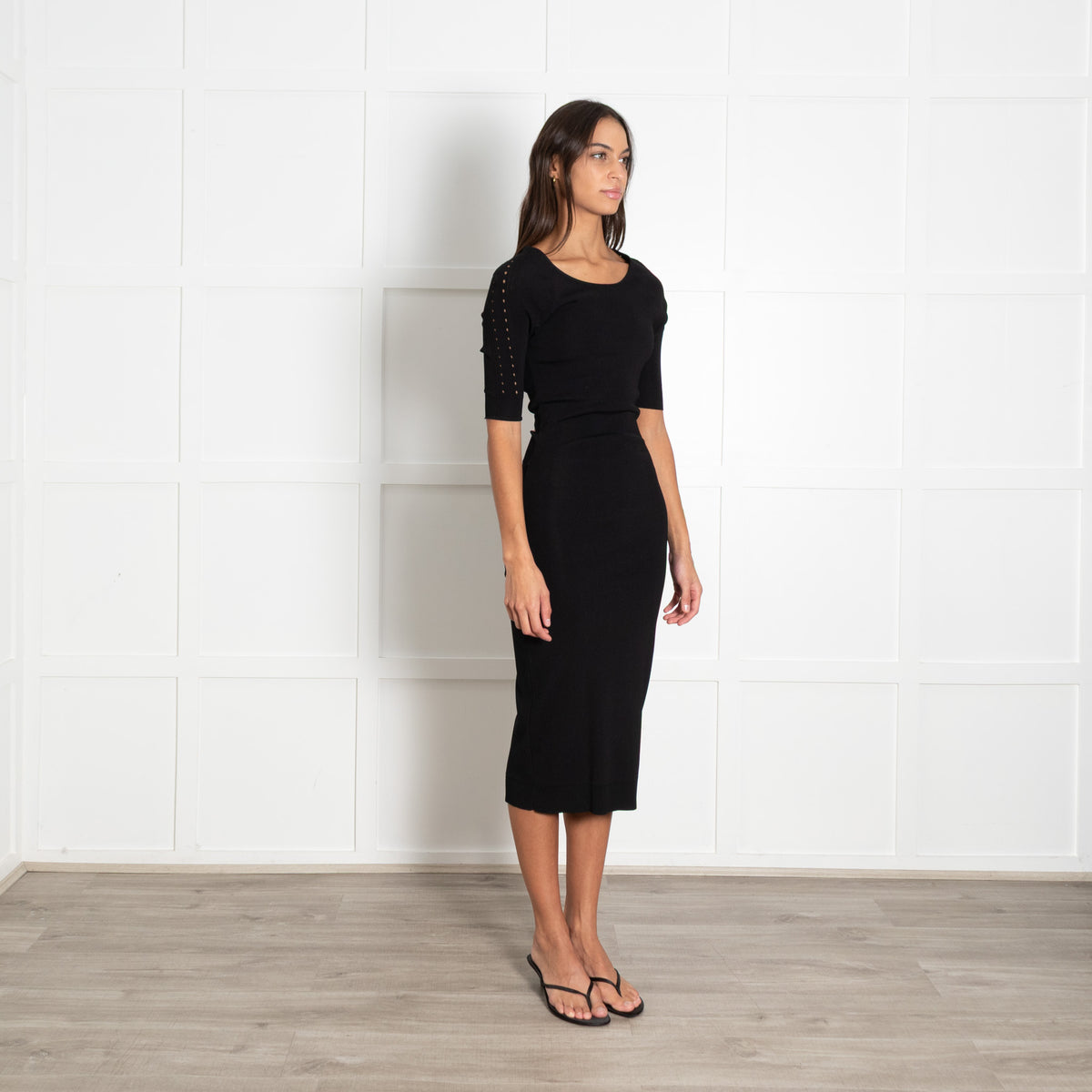 Academia Black Knit Midi Dress With Back Cutout
