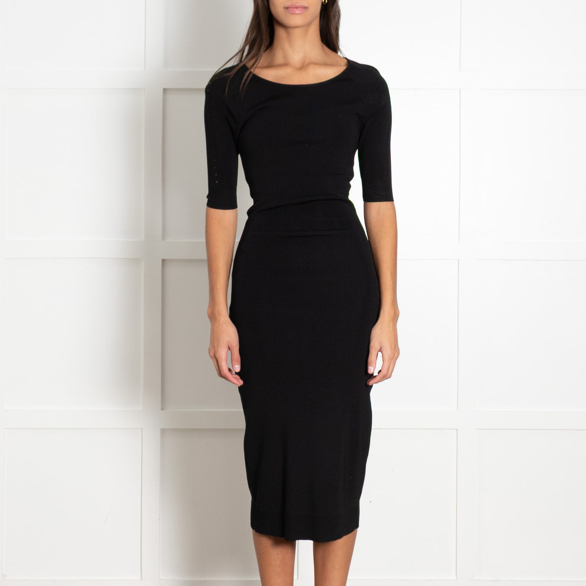 Academia Black Knit Midi Dress With Back Cutout