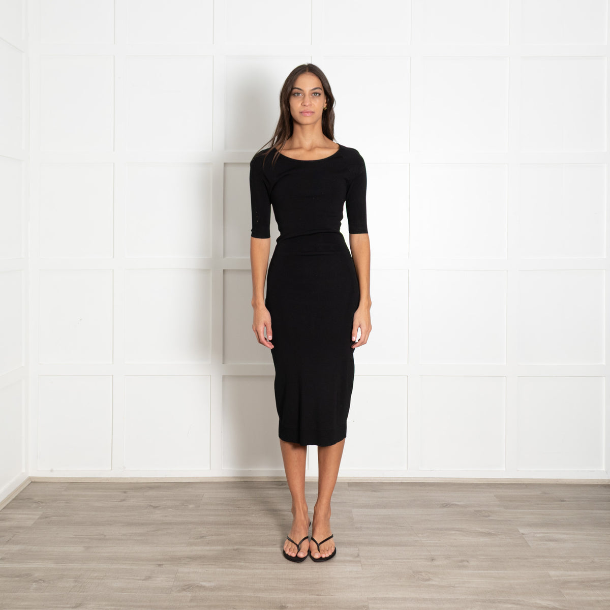 Academia Black Knit Midi Dress With Back Cutout
