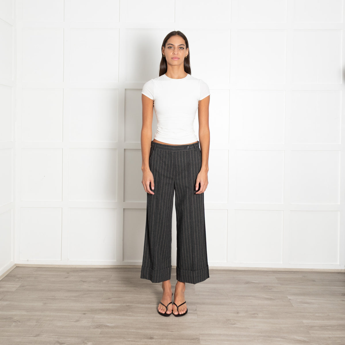Me + Em Grey Pinstripe Cropped Wide Leg Trousers