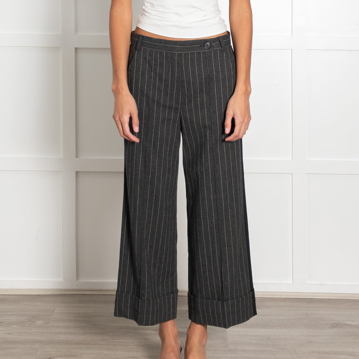Me + Em Grey Pinstripe Cropped Wide Leg Trousers
