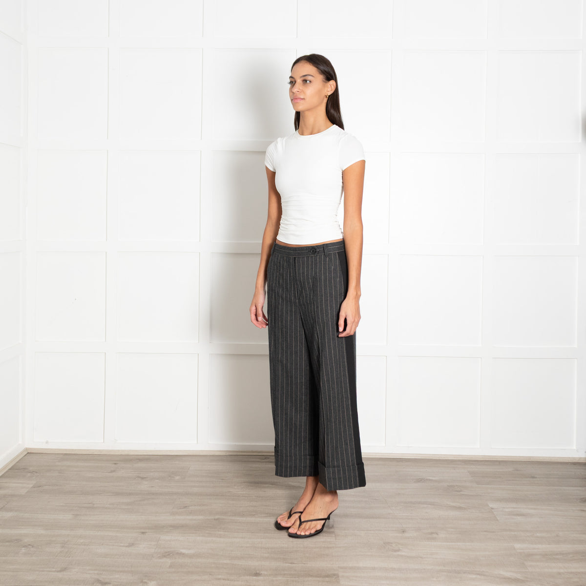 Me + Em Grey Pinstripe Cropped Wide Leg Trousers