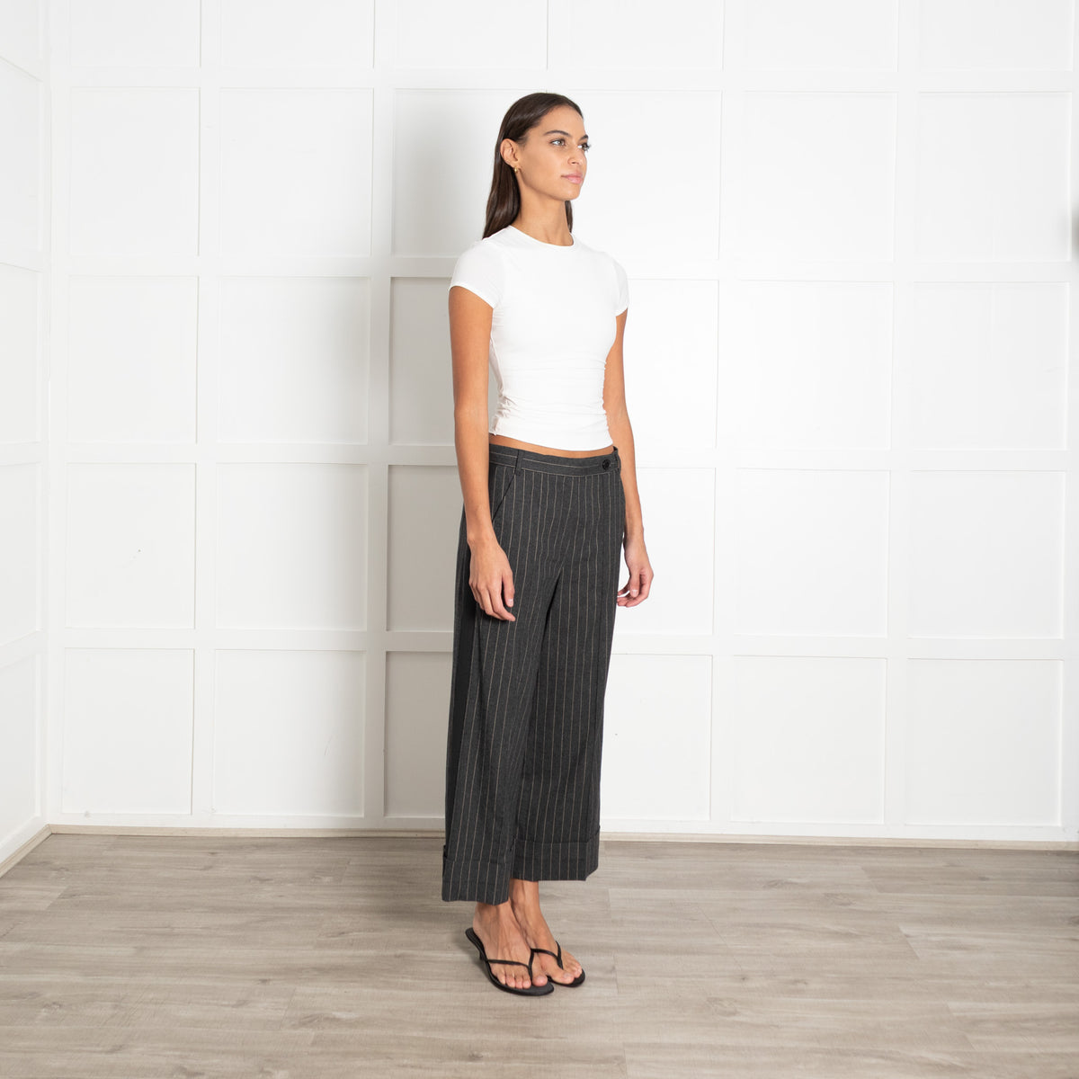 Me + Em Grey Pinstripe Cropped Wide Leg Trousers