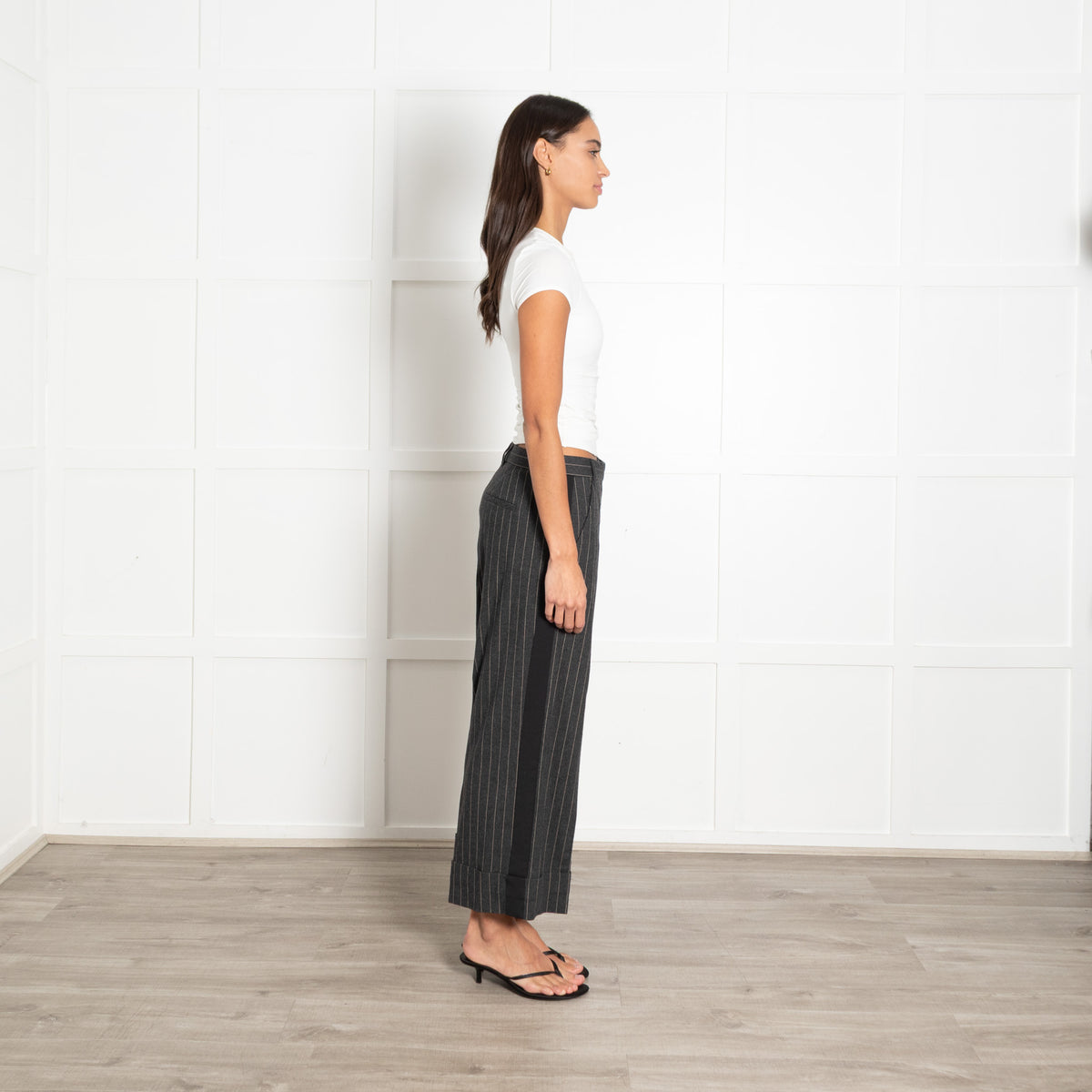Me + Em Grey Pinstripe Cropped Wide Leg Trousers