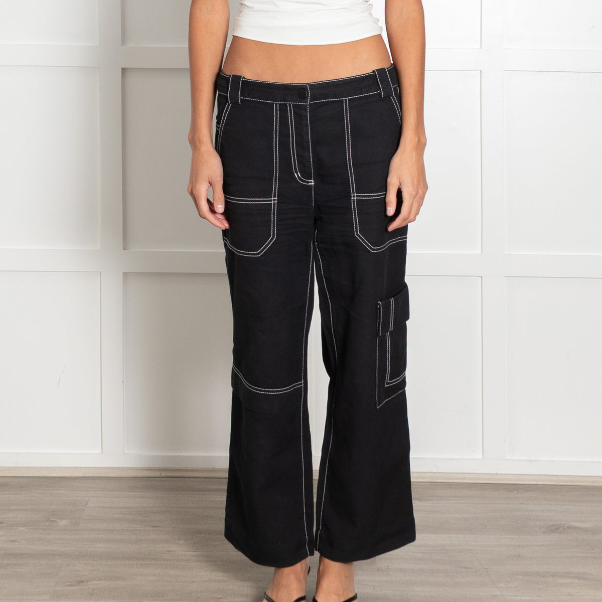 3.1 Phillip Lim Black Cotton Cargo Pant with White Stitching