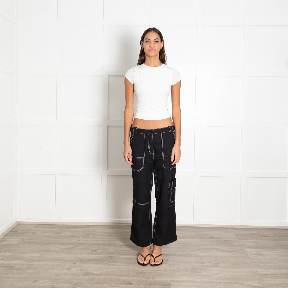 3.1 Phillip Lim Black Cotton Cargo Pant with White Stitching