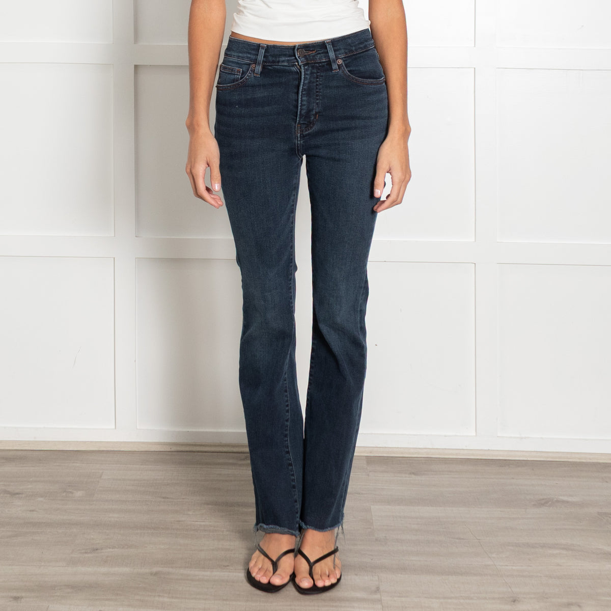 Veronica Beard Cameron Bootcut Mid Rise Dark Blue Jeans With Frayed Hem
