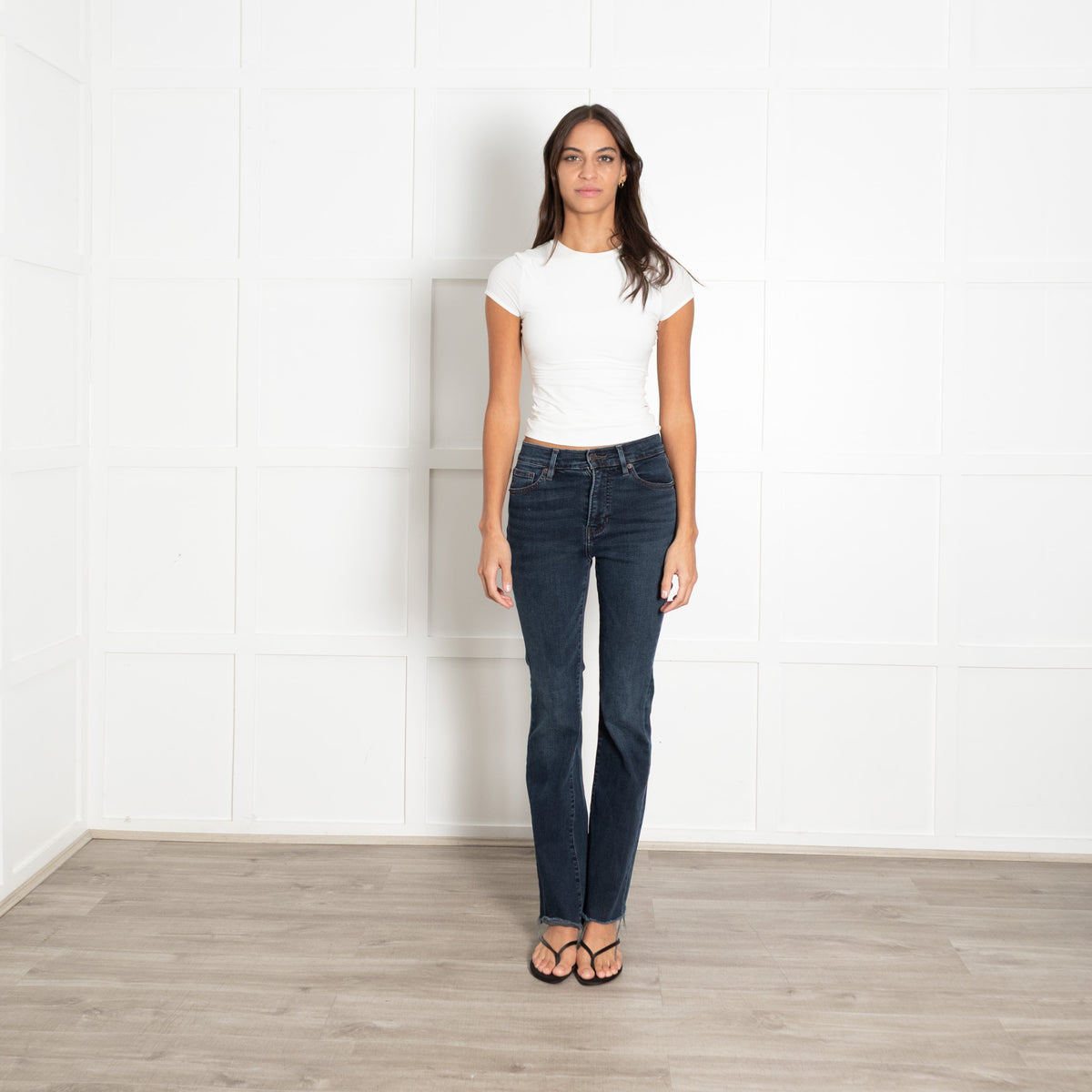 Veronica Beard Cameron Bootcut Mid Rise Dark Blue Jeans With Frayed Hem