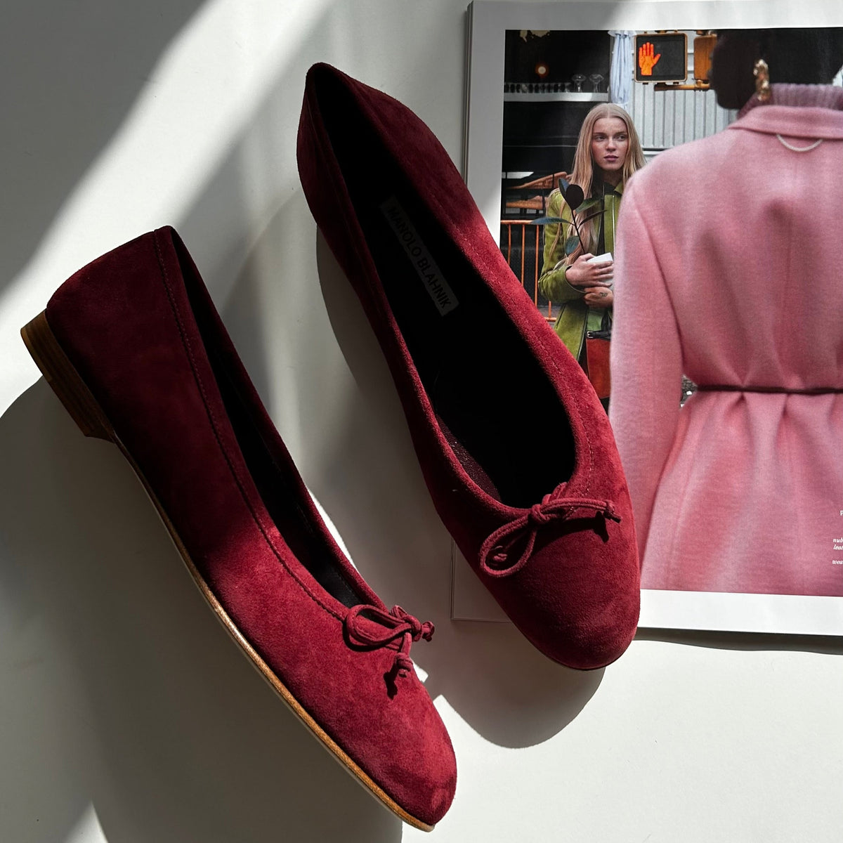 Manolo Blahnik Burgundy Suede Veralli Bow Detail Ballet Flat