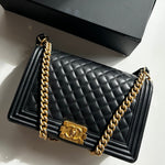 Chanel Black Lambskin Large Quilted Boy Bag with Gold Hardware