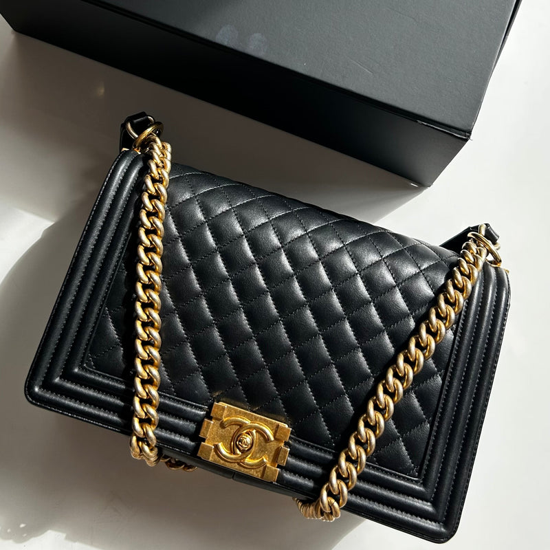 Chanel Black Lambskin Large Quilted Boy Bag with Gold Hardware