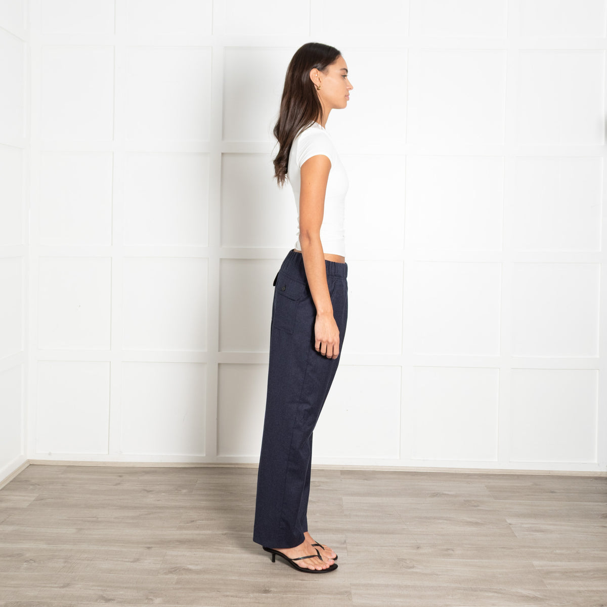 Weekend Max Mara Navy Blue Wool Straight Leg Large Back Pocket Trousers