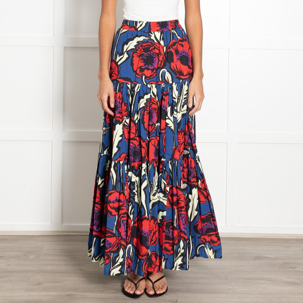 La Double J Blue and Red Cotton Pleated Elastic Band Waist Midi Skirt
