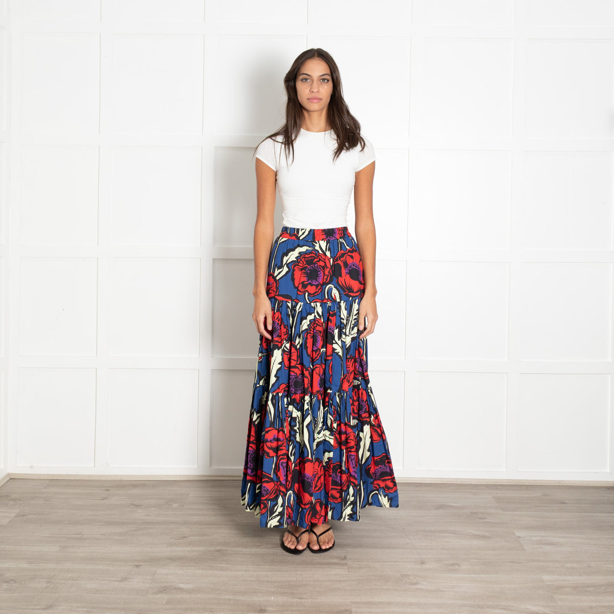 La Double J Blue and Red Cotton Pleated Elastic Band Waist Midi Skirt