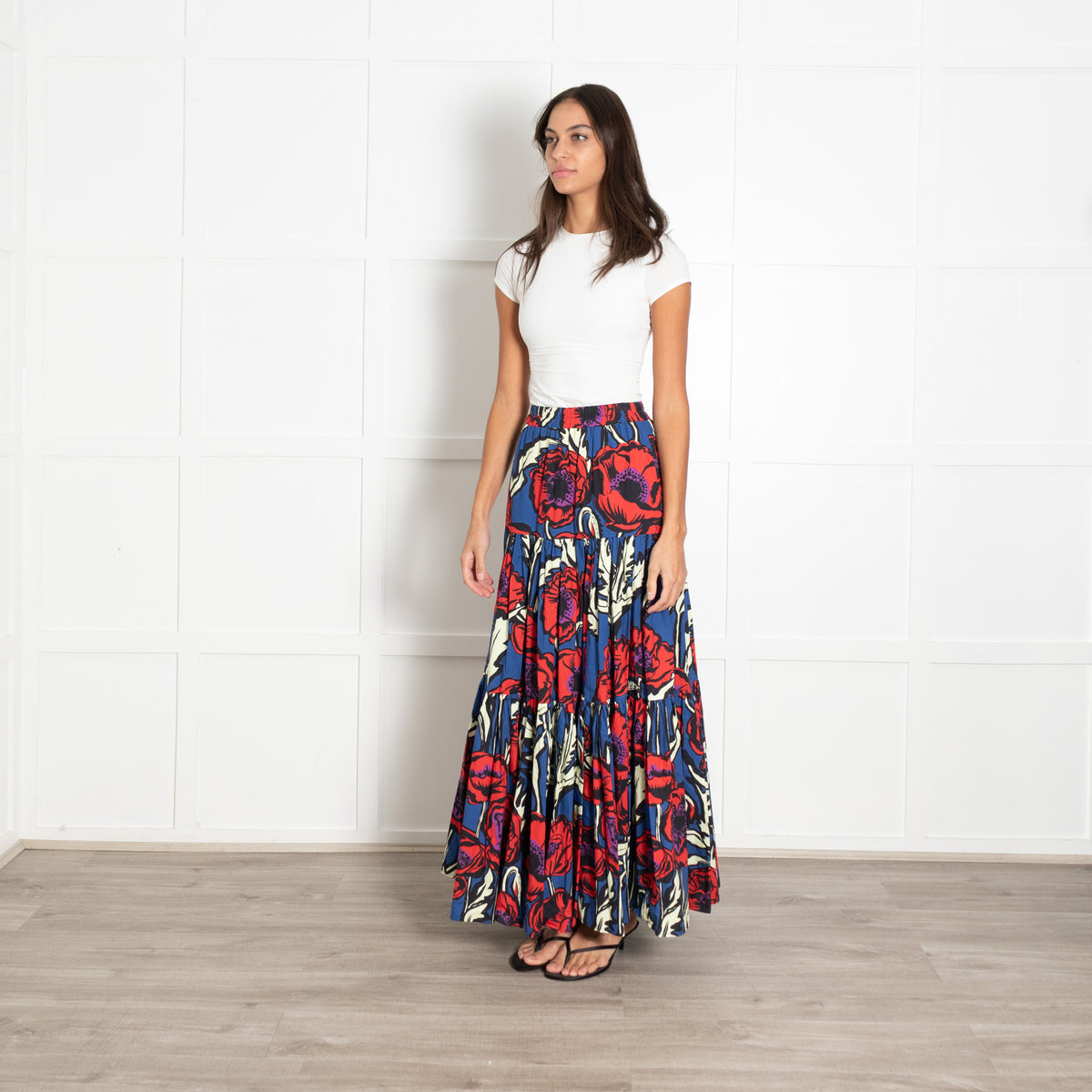 La Double J Blue and Red Cotton Pleated Elastic Band Waist Midi Skirt