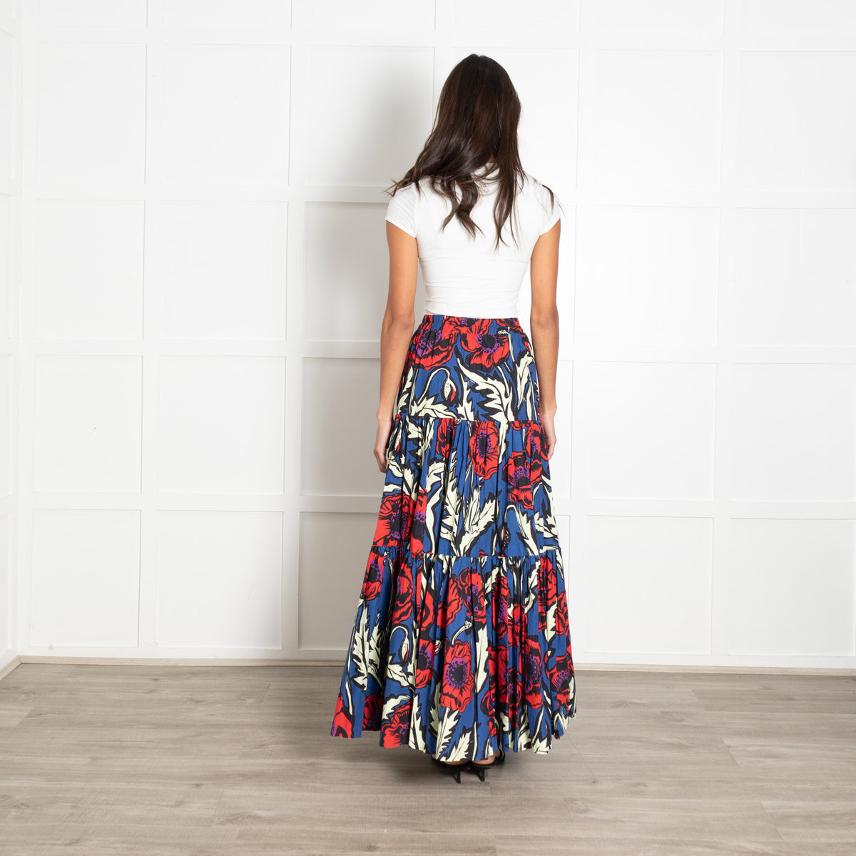 La Double J Blue and Red Cotton Pleated Elastic Band Waist Midi Skirt