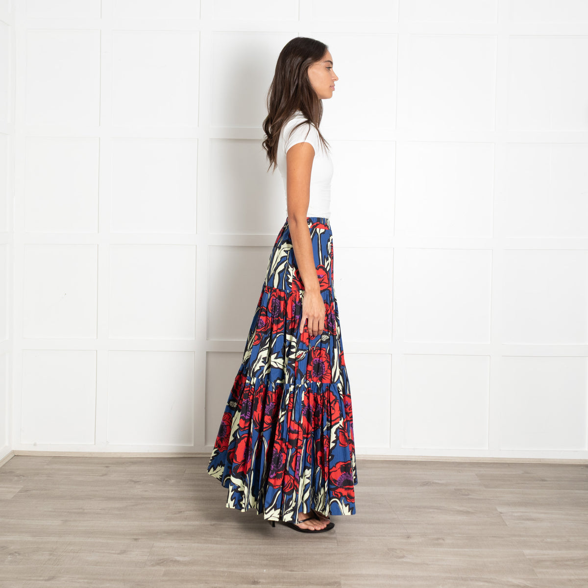La Double J Blue and Red Cotton Pleated Elastic Band Waist Midi Skirt