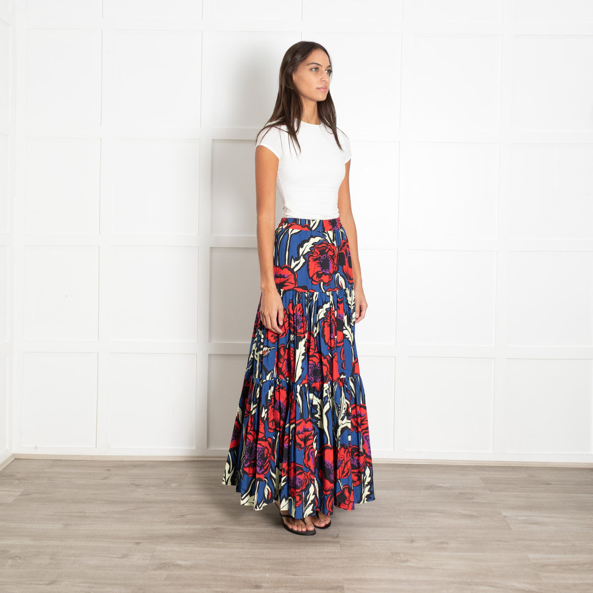 La Double J Blue and Red Cotton Pleated Elastic Band Waist Midi Skirt