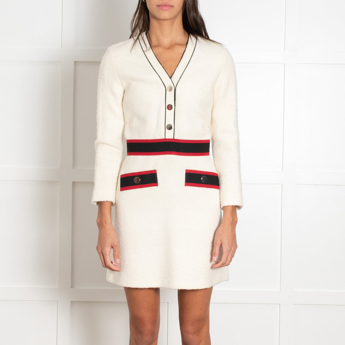 Maje Cream Black Red Trim Tweedy Mini Dress