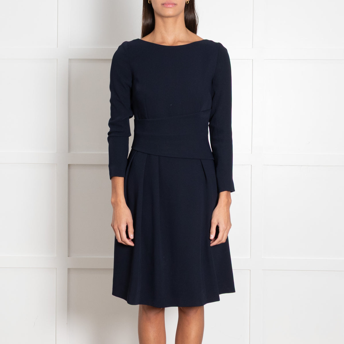 The Fold Dark Navy Pleated Crepe Long-Sleeved Midi Dress