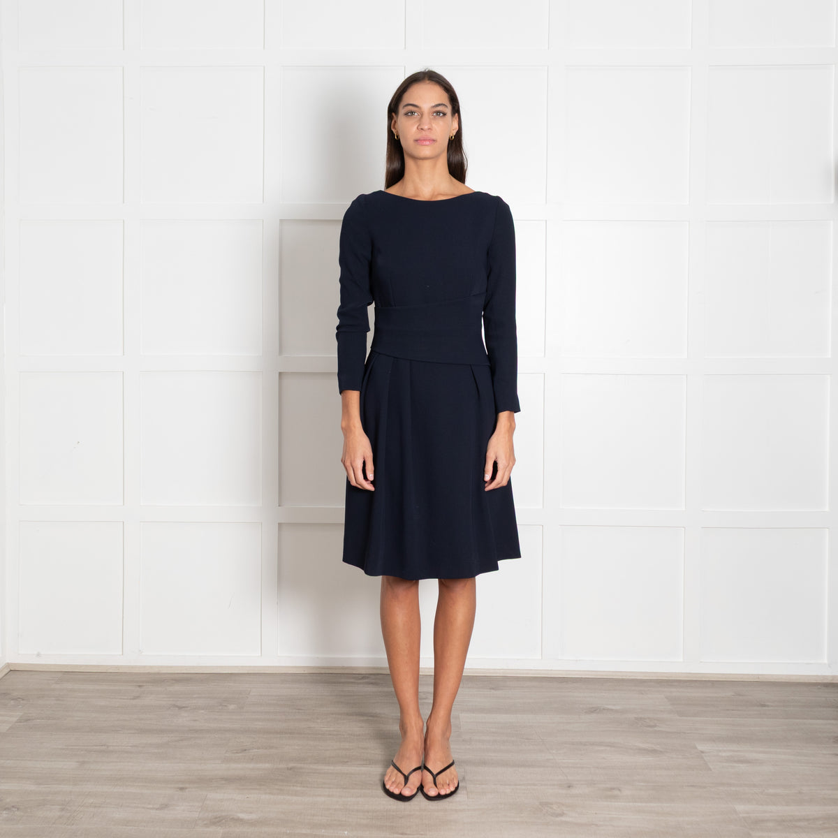 The Fold Dark Navy Pleated Crepe Long-Sleeved Midi Dress