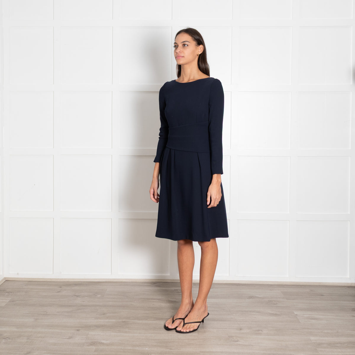 The Fold Dark Navy Pleated Crepe Long-Sleeved Midi Dress