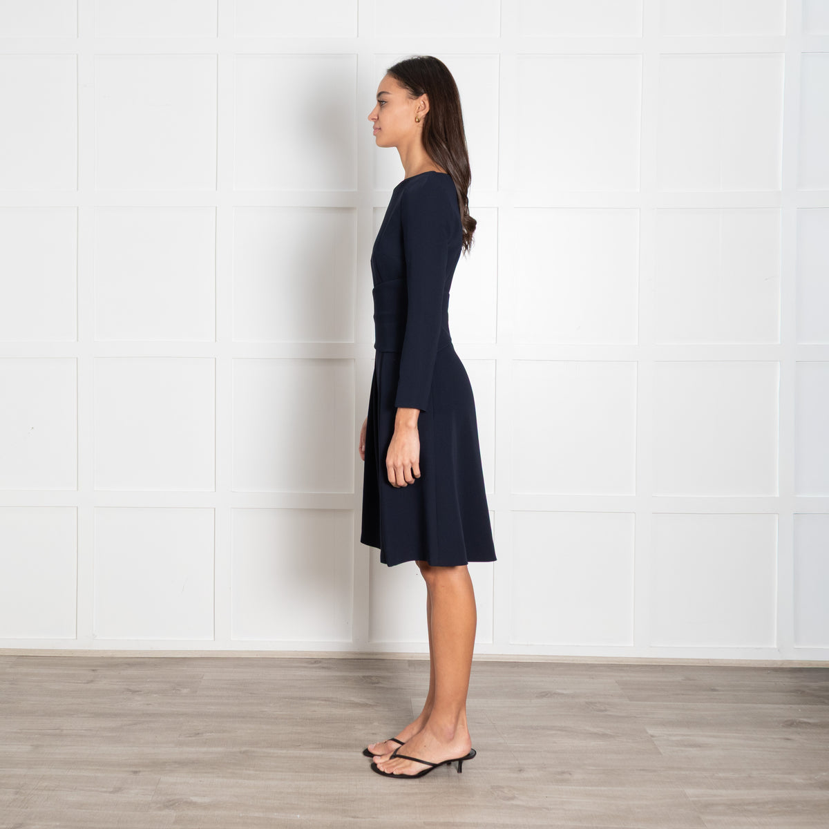 The Fold Dark Navy Pleated Crepe Long-Sleeved Midi Dress