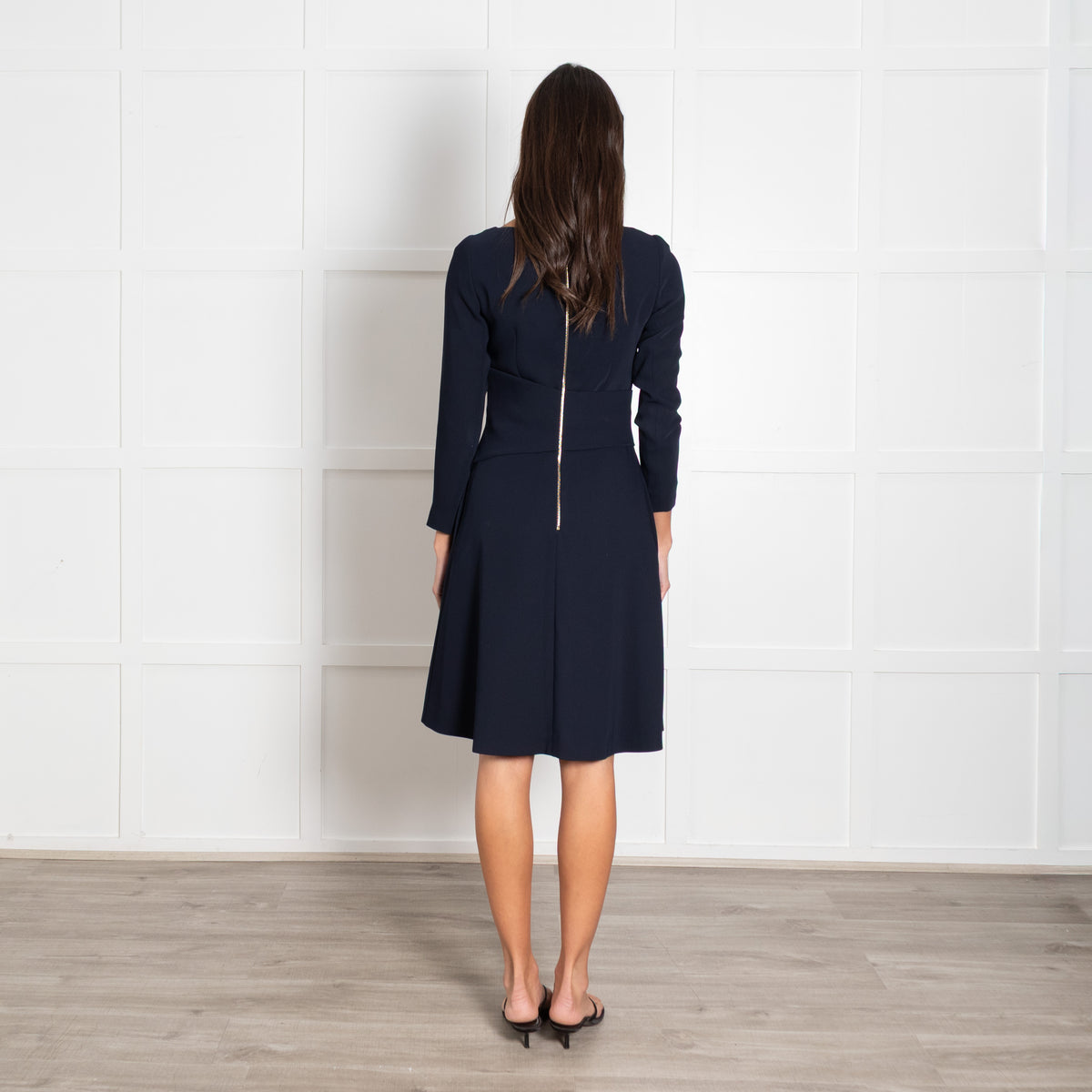 The Fold Dark Navy Pleated Crepe Long-Sleeved Midi Dress