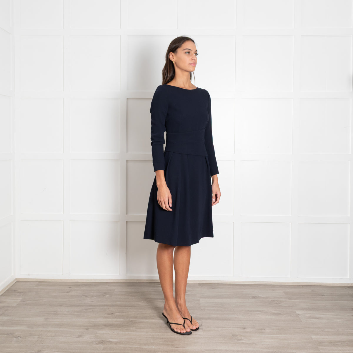 The Fold Dark Navy Pleated Crepe Long-Sleeved Midi Dress