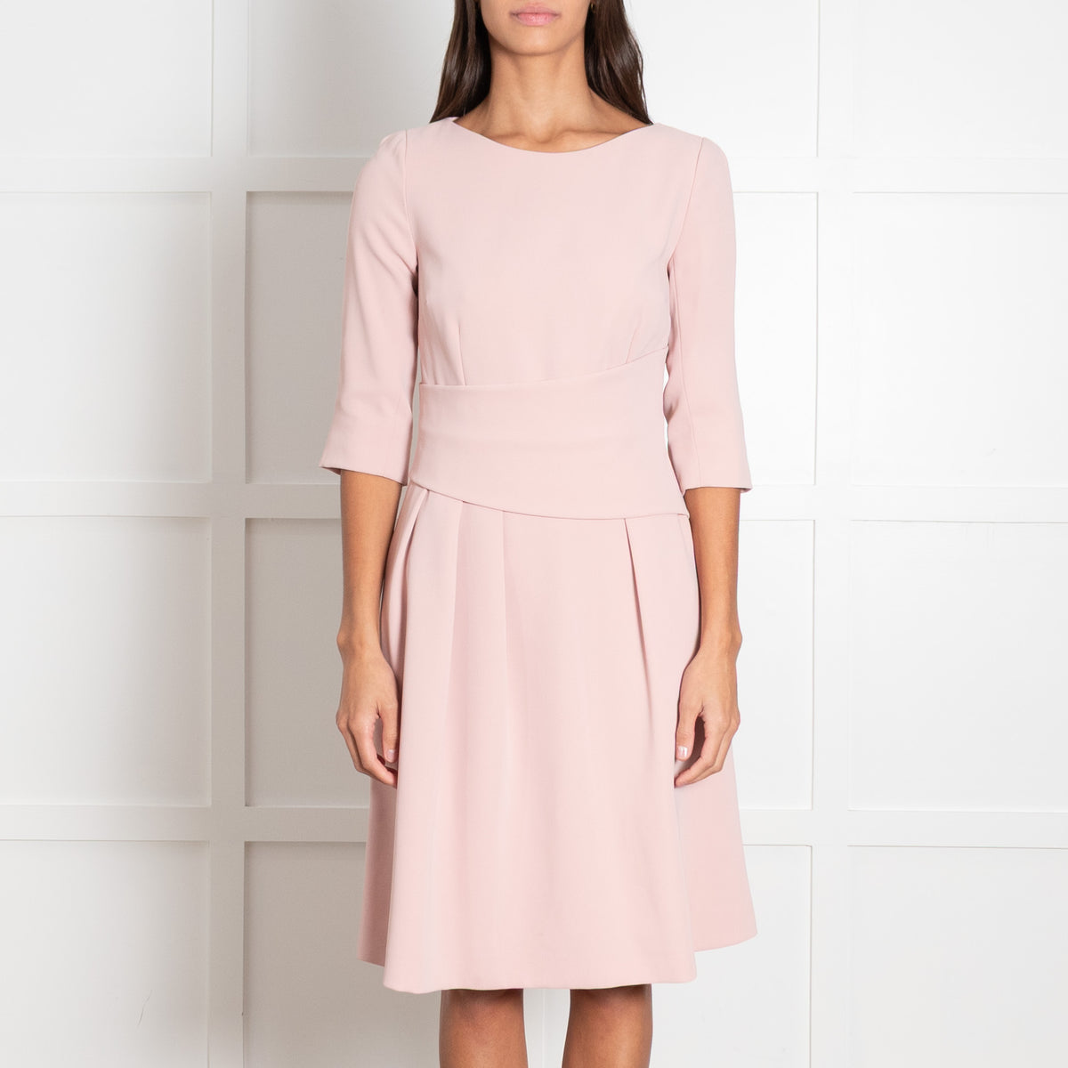 The Fold Blush Pink Pleated Crepe Long-Sleeved Midi Dress
