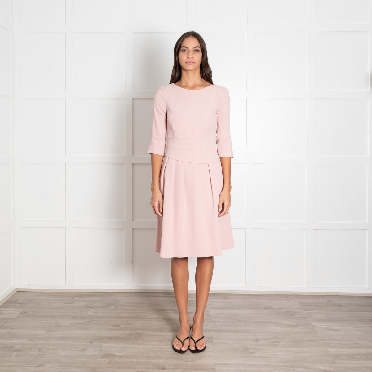 The Fold Blush Pink Pleated Crepe Long-Sleeved Midi Dress