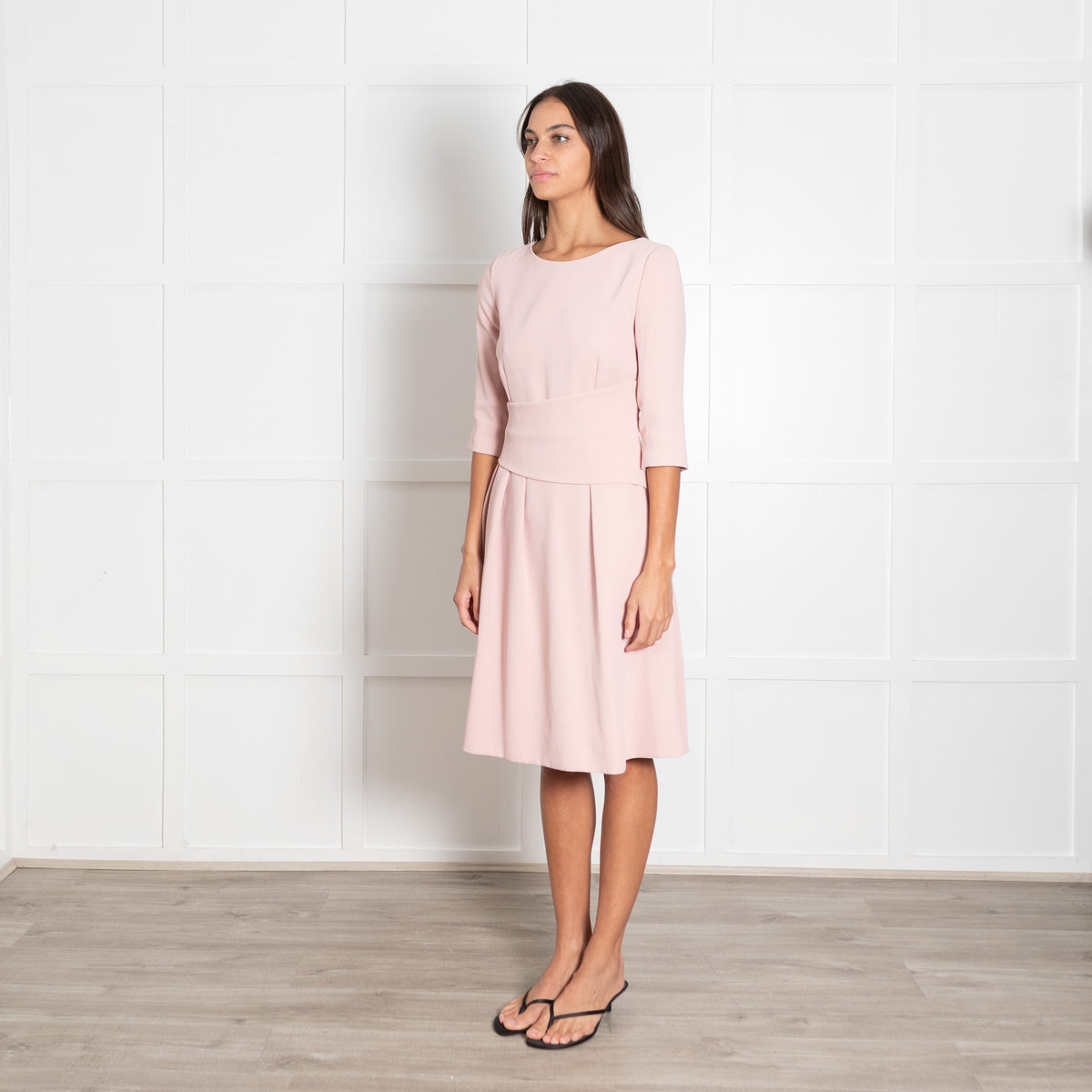 The Fold Blush Pink Pleated Crepe Long-Sleeved Midi Dress